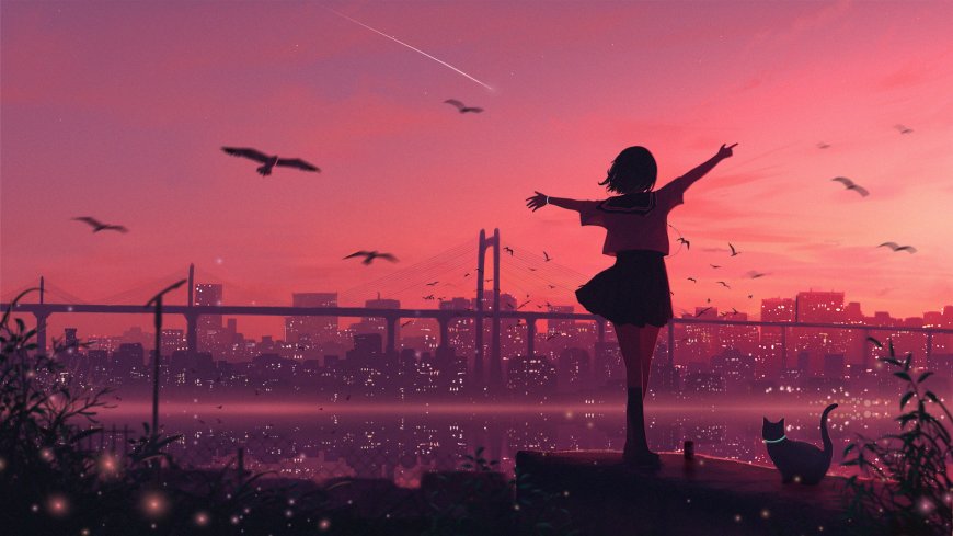 少女张开双臂眺望城市夜景粉紫梦幻动漫电脑壁纸