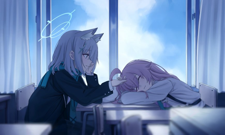 蔚蓝教室中灰发兽耳少女轻抚熟睡粉发同学蓝紫动漫电脑壁纸
