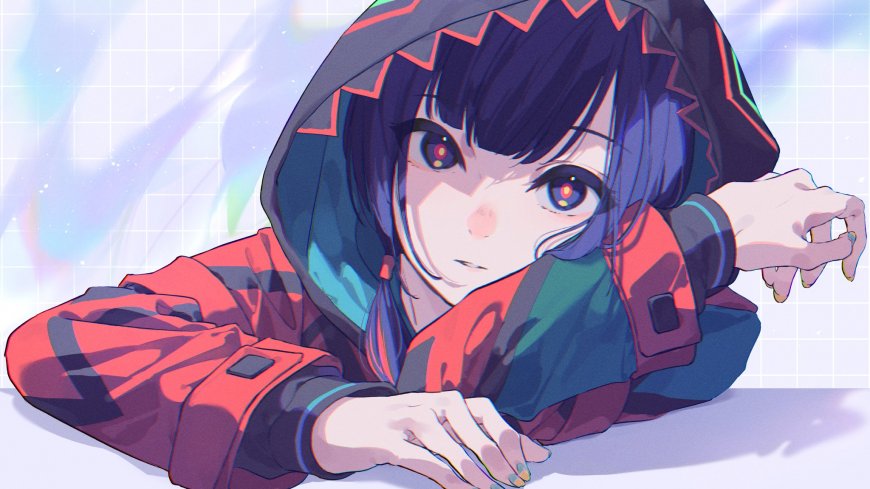 赛博朋克风格紫发少女红黑连帽衫蓝紫渐变背景动漫电脑壁纸