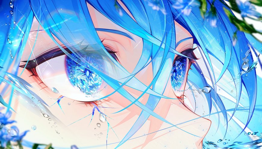 蓝发少女水晶眼眸水滴飞溅蓝白动漫电脑壁纸
