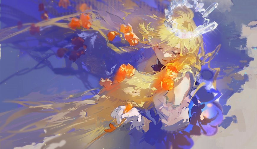 金发少女闭眼微笑橙花环绕蓝紫梦幻动漫电脑壁纸