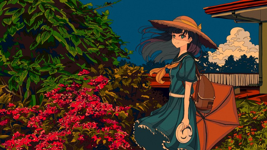 戴草帽蓝裙少女持伞立于红花绿植间暖金动漫电脑壁纸