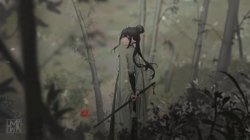 古风少女持剑回眸灰绿竹林动漫电脑壁纸