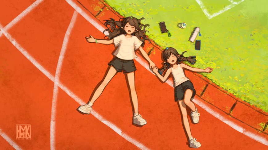 动漫少女跑道牵手欢笑橙绿清新插画电脑壁纸