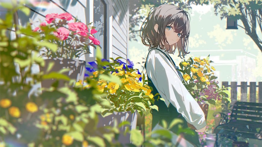 动漫少女庭院捧花蓝眸白衫绿意盎然清新唯美电脑壁纸