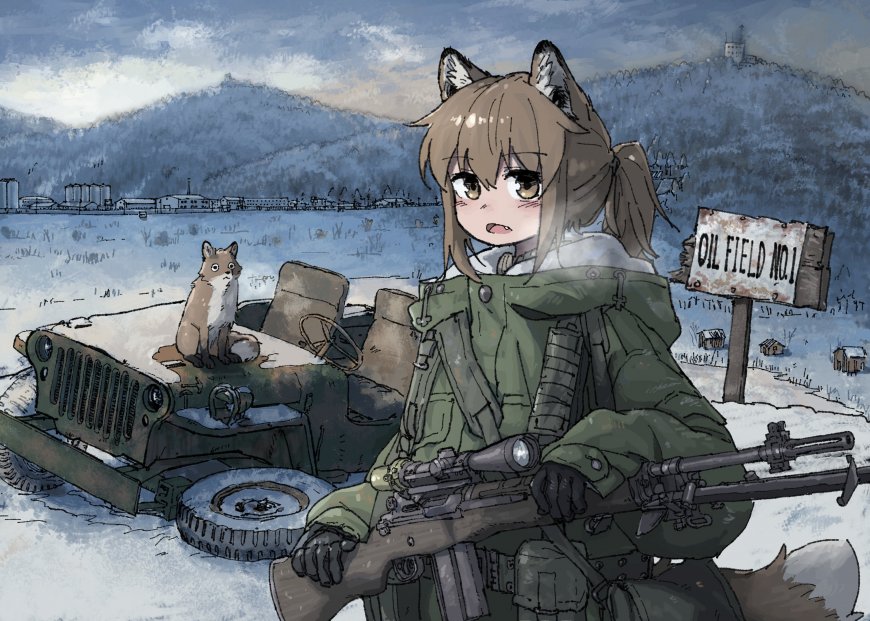 动漫角色兽耳少女持狙击枪雪地吉普旁狐狸相伴蓝灰冷调动漫电脑壁纸