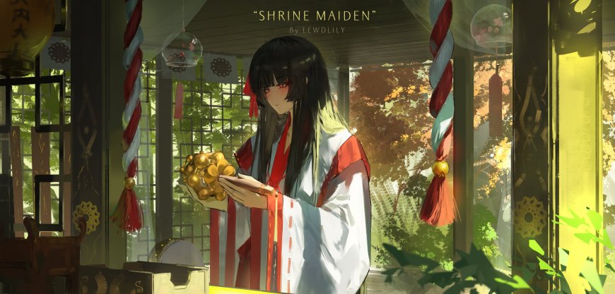 神社巫女黑长直红瞳持御币金球暖黄动漫电脑壁纸