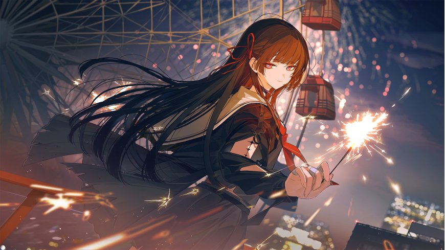动漫少女手持烟花夜景摩天轮粉紫梦幻动漫电脑壁纸