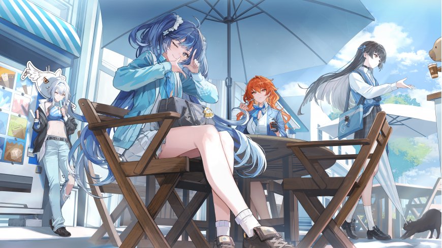 多位蓝衣少女户外咖啡厅休闲动漫电脑壁纸
