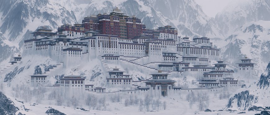 布达拉宫雪覆巍峨群山环绕蓝白风景电脑壁纸