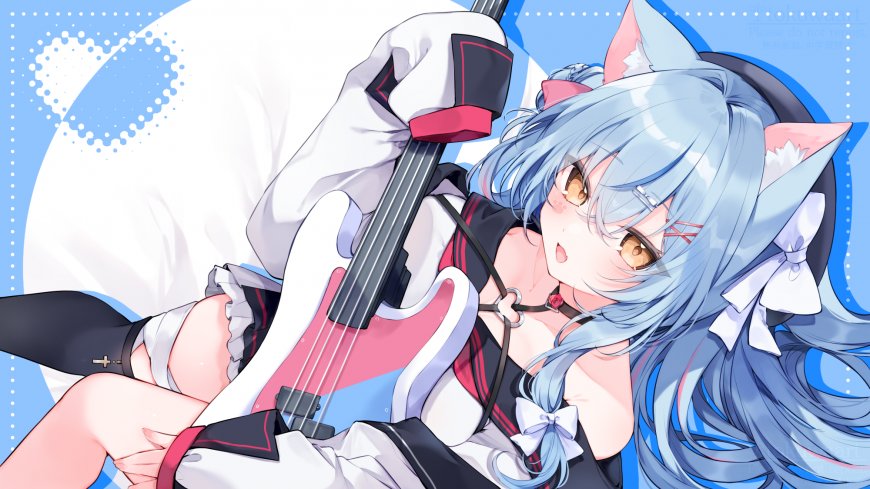 蓝发猫耳少女持贝斯白粉黑制服动漫电脑壁纸
