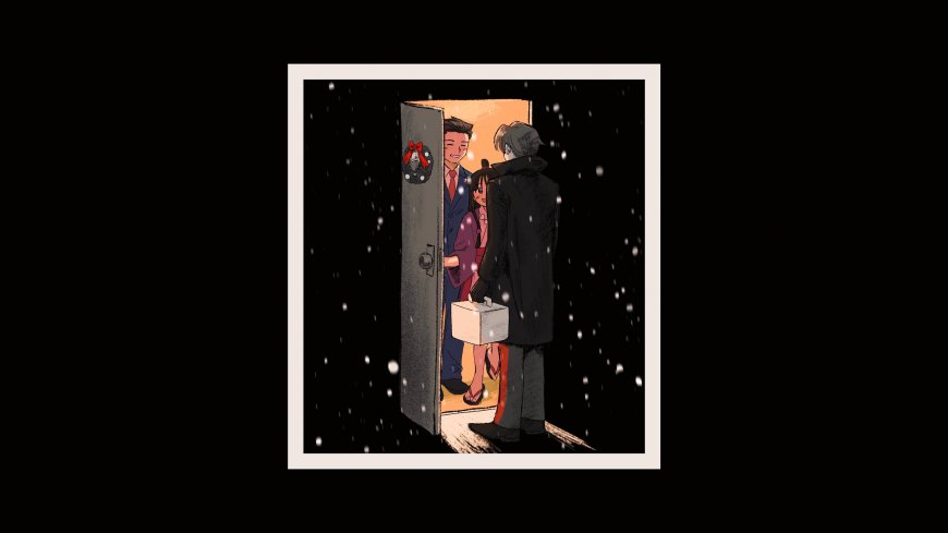 雪夜门口三人温馨相聚暖橙动漫电脑壁纸