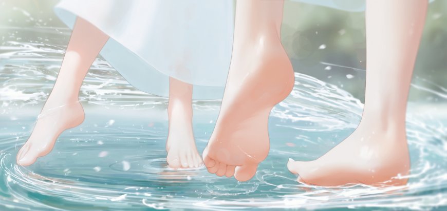 少女赤足踏水涟漪轻漾蓝白清新动漫电脑壁纸