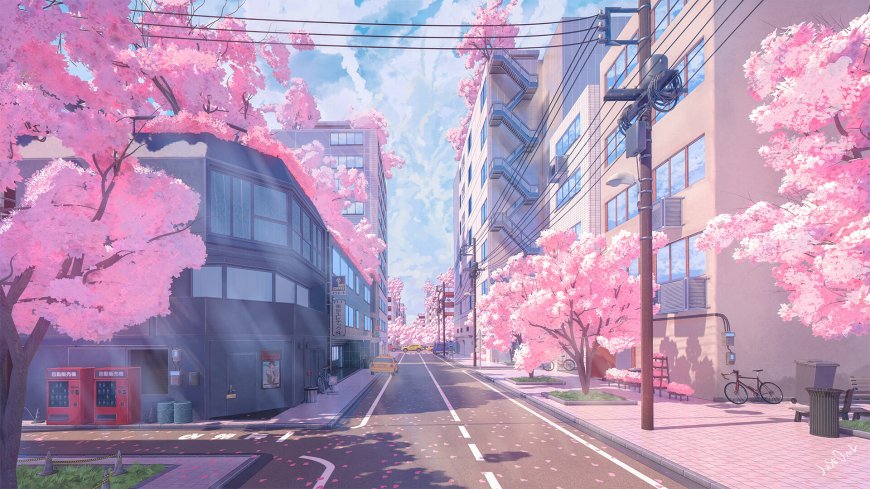 樱花街道城市街景粉紫唯美动漫电脑壁纸