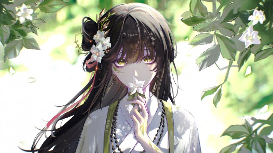 古风少女黑发簪花手持白花绿意盎然动漫电脑壁纸