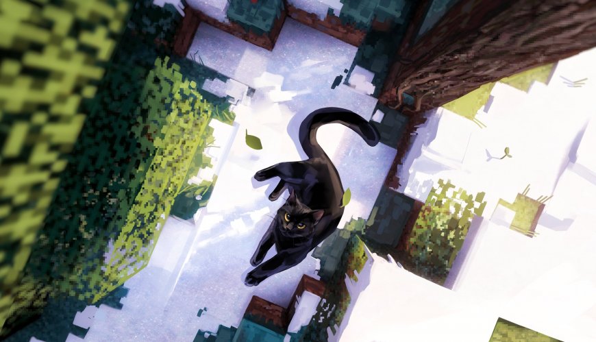 黑猫仰望绿植环绕像素风庭院蓝白清新插画创意电脑壁纸