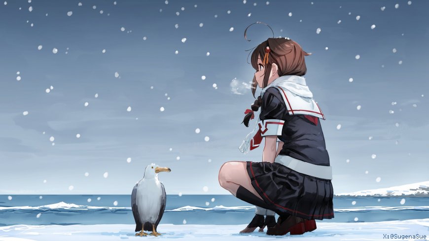 动漫少女雪中蹲姿凝望海鸥蓝白唯美动漫电脑壁纸