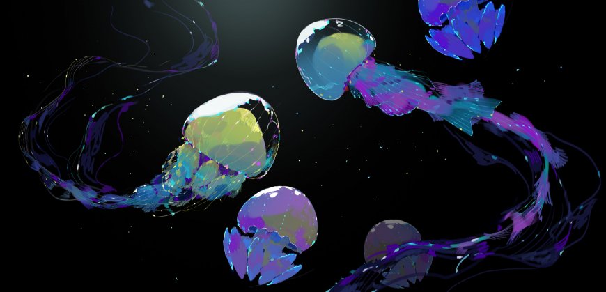 梦幻水母群游动紫蓝荧光奇幻电脑壁纸