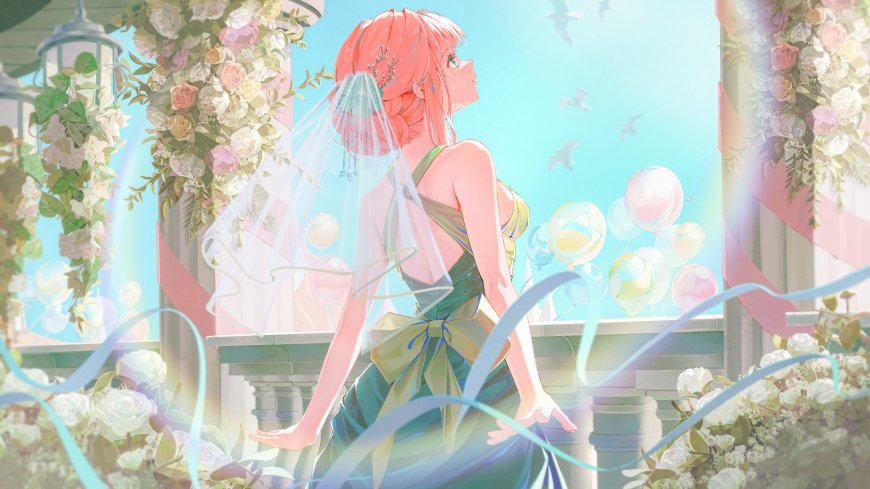 粉发少女婚纱头纱花拱门蓝绿梦幻动漫电脑壁纸