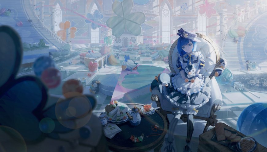 蓝发少女洛丽塔裙装抱企鹅坐椅梦幻甜点花园蓝白唯美动漫电脑壁纸