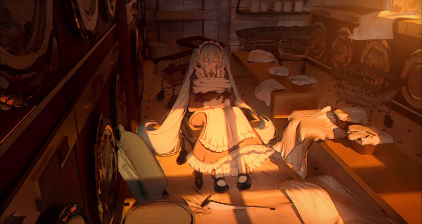 初音未来女仆装坐姿暖橙动漫电脑壁纸