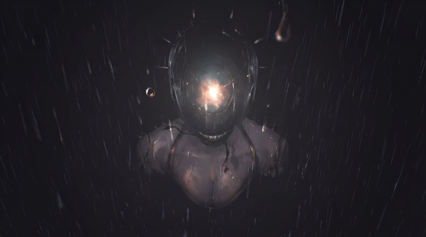 神秘机械头盔少女雨中凝视暗黑科幻电脑壁纸