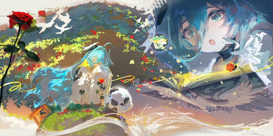 初音未来蓝发少女捧书阅读红玫瑰白鸽环绕粉紫梦幻动漫电脑壁纸