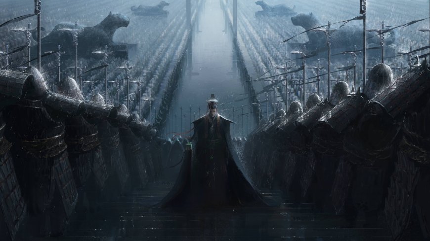 古风将军黑袍伫立雨中千军列阵暗蓝奇幻电脑壁纸