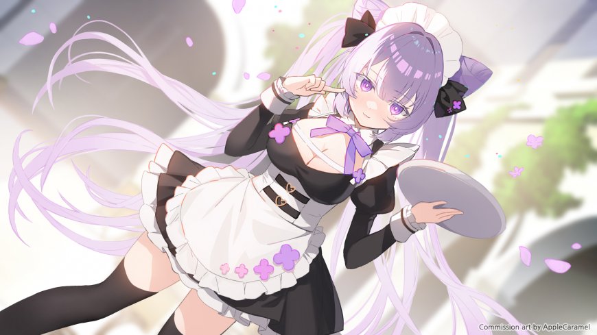 紫发女仆少女手持托盘粉紫动漫电脑壁纸