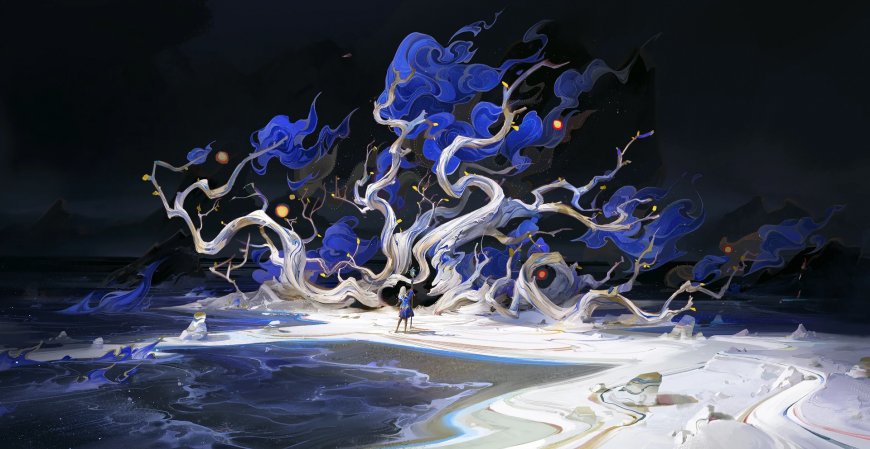 蓝焰灵树少女伫立梦幻蓝白奇幻电脑壁纸