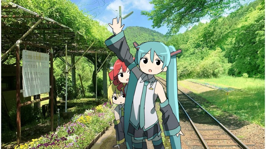 初音未来红发黄发同伴铁路小站绿意盎然动漫电脑壁纸