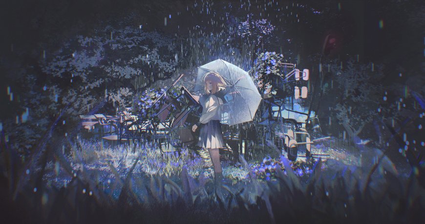 雨夜撑伞少女蓝紫梦幻动漫电脑壁纸