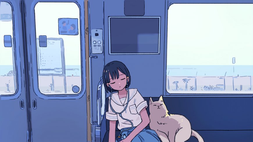 动漫少女闭眼听歌怀中抱猫蓝调车厢场景动漫电脑壁纸