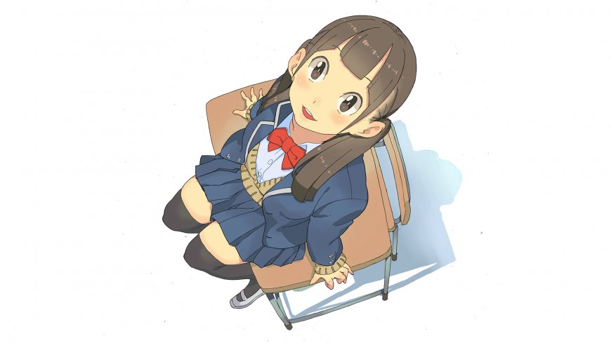 动漫少女校服坐椅蓝白制服红领结可爱萌系动漫电脑壁纸