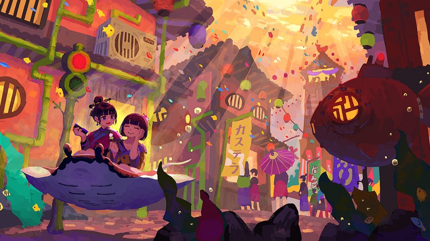 两个黑发少女坐鲸鱼形载具欢笑庆典街道暖金奇幻动漫电脑壁纸