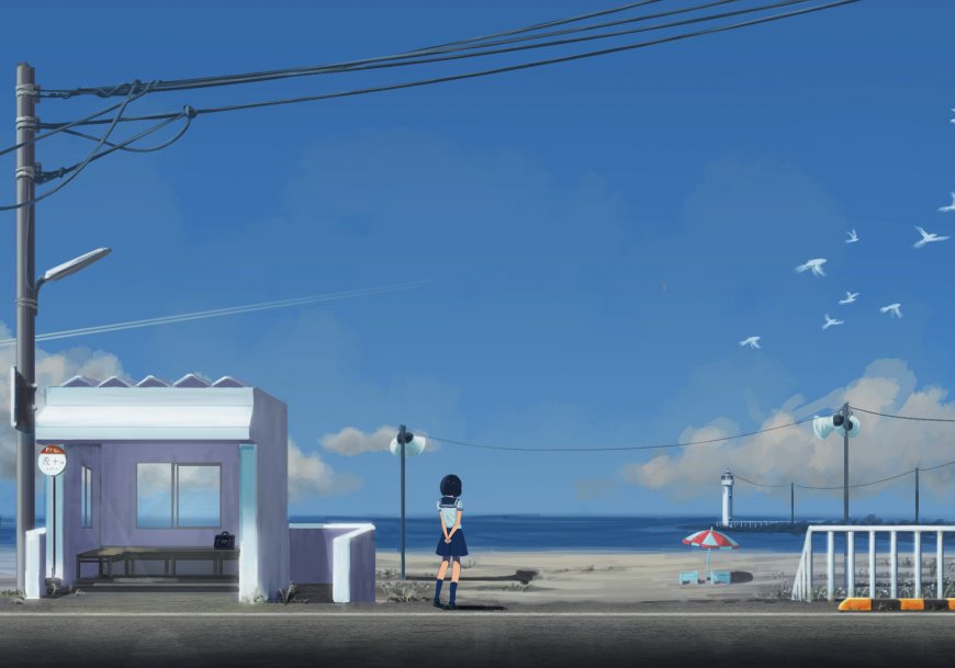 海边公交站短发少女背影蓝白清新动漫电脑壁纸