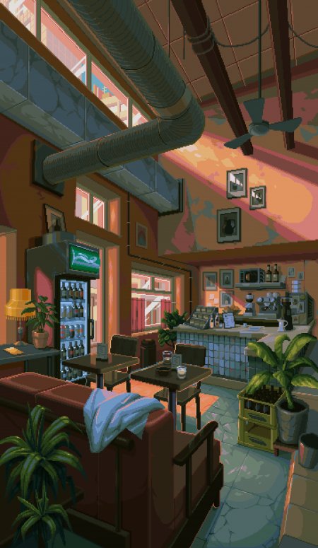 温馨咖啡馆像素风室内场景暖橙插画创意手机壁纸