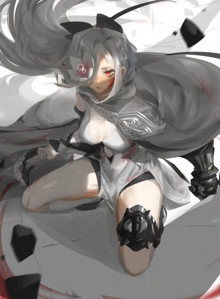 银发红瞳少女持刃跪姿暗黑系动漫手机壁纸
