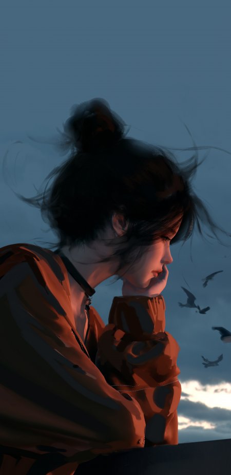 黑发少女侧颜托腮凝望飞鸟蓝灰暖调情感文艺创意手机壁纸