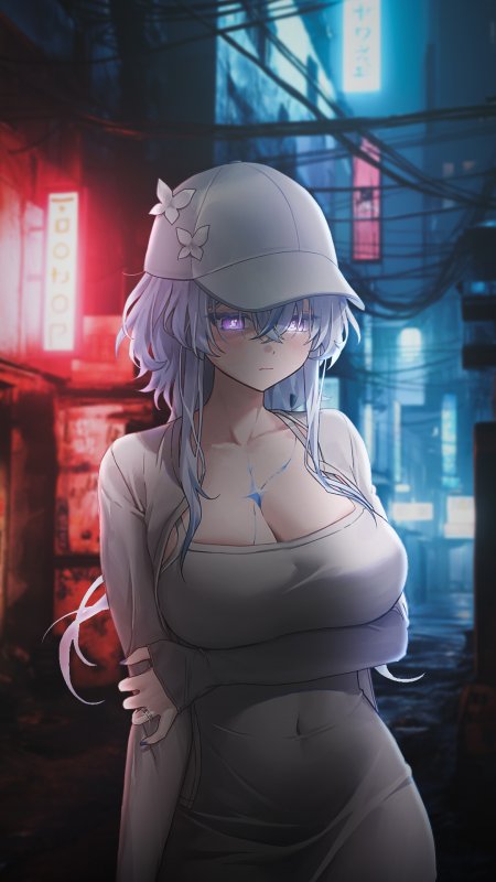 赛博朋克街道紫发少女戴帽低眸蓝红霓虹动漫手机壁纸