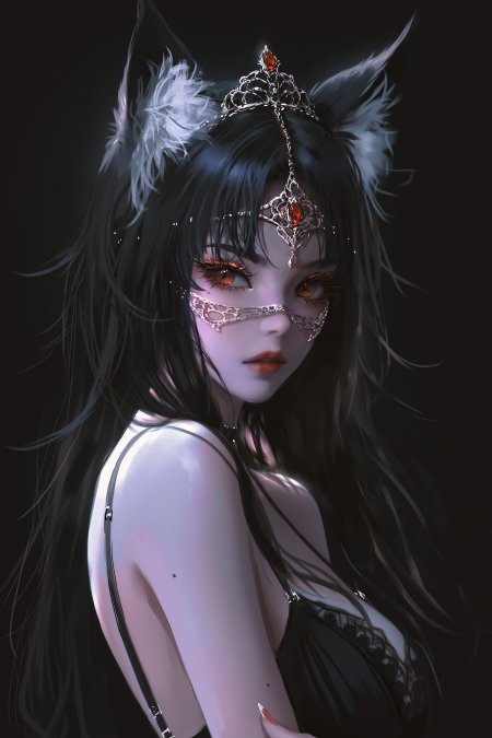 黑发红瞳猫耳少女银饰王冠暗黑唯美动漫手机壁纸