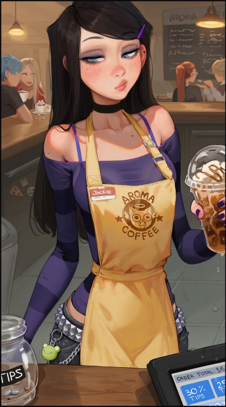咖啡店少女紫衣黄围裙手持冰饮蓝紫动漫手机壁纸