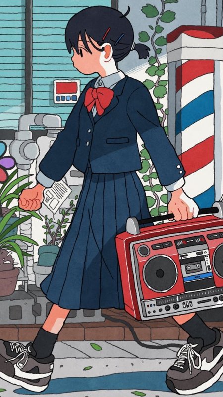 穿深蓝校服红领结少女手提红色复古收音机行走街巷蓝绿清新动漫手机壁纸