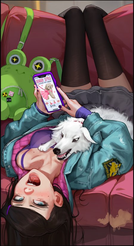 动漫少女躺沙发抱白犬刷手机粉紫萌宠动漫手机壁纸