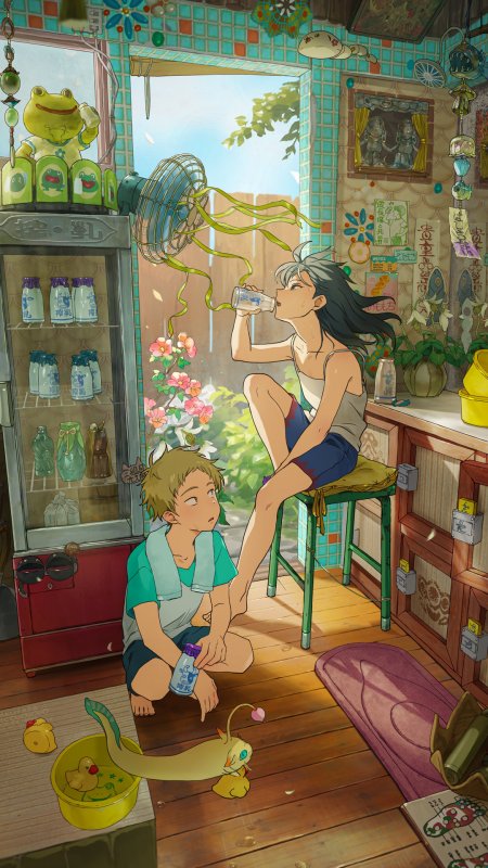 夏日小屋少女少年共饮清凉绿意动漫手机壁纸