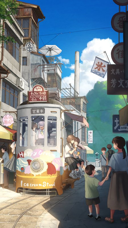 动漫街景电车冰淇淋摊少女男孩蓝白清新插画手机壁纸