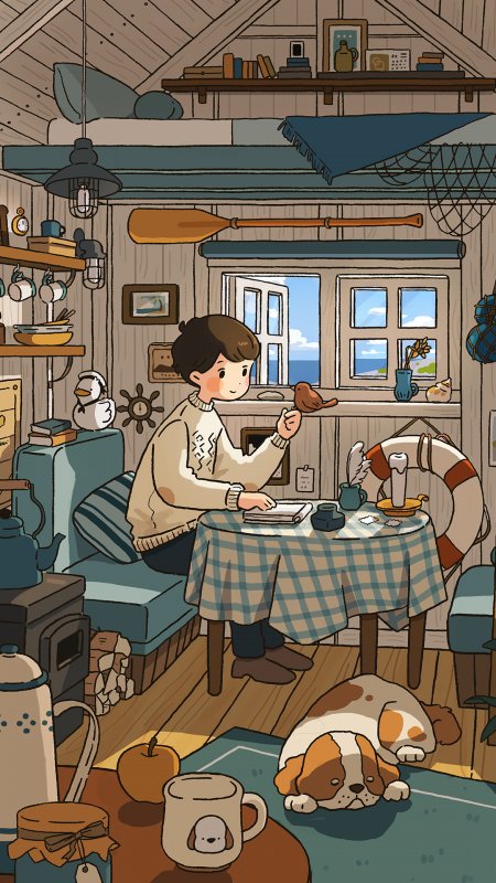 温馨木屋少年喂鸟棕白小狗休憩蓝绿格纹桌布家居陈设创意手机壁纸