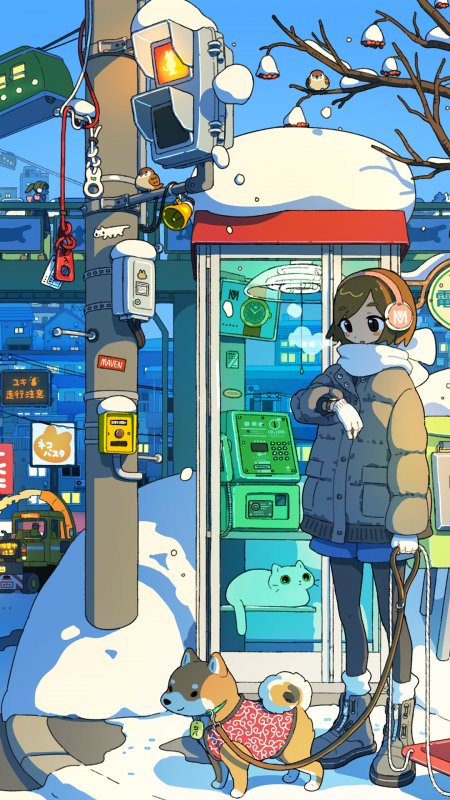 冬日街角少女牵柴犬雪景蓝白动漫手机壁纸
