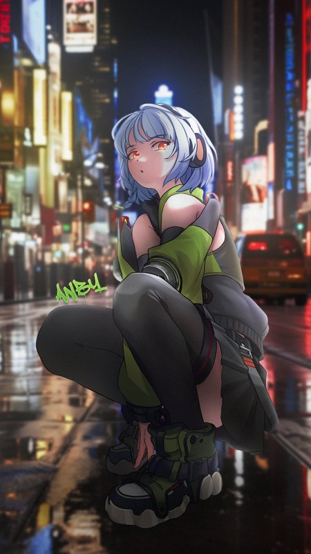 赛博朋克风格银发少女蹲姿霓虹夜景动漫手机壁纸