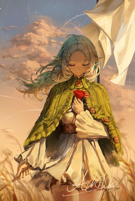 精灵少女绿发持红玫瑰暖金奇幻动漫手机壁纸